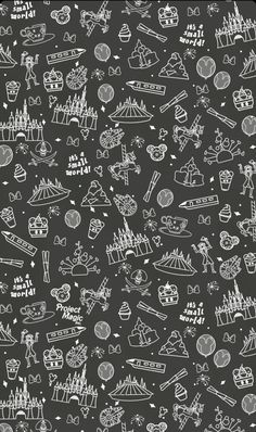 a black and white pattern with doodles on it's surface, including an image of amusement park