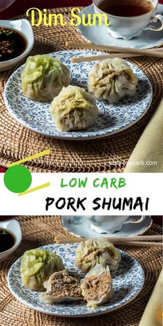 dim sum low carb pork shuma with dipping sauce on the side and an image of