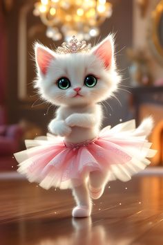 a white kitten in a pink tutu and tiara