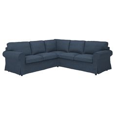 a blue sectional couch on a white background