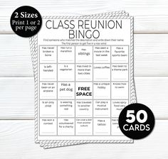 the printable class reunion bingo game is shown on a white wooden background with black and white text