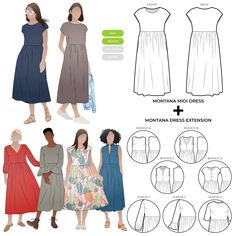 three women's dresses and one woman's dress are shown in different colors