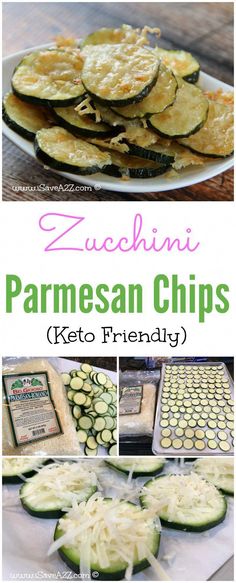 zucchini and parmesan chips on a plate with the title overlay