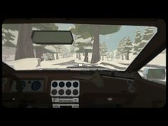 a car driving down a snow covered road in front of a forest filled with trees