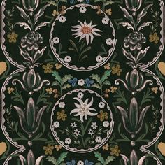 an intricately designed wallpaper with flowers and leaves in the center on a black background