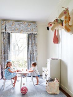 Traditional Playroom, Grey Striped Wallpaper, Kids Playroom Design, Cream Cabinet, Amy Berry, Dark Brown Walls, Montessori Board, Playroom Makeover, Toy Storage Ideas