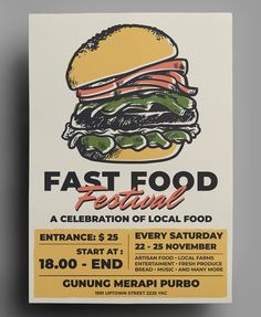 an advertisement for a fast food festival with a large sandwich on it's side