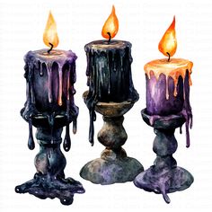 three candles with melting wax on them, one is purple and the other is orange