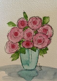 a painting of pink flowers in a blue vase