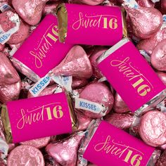 candy wrapped in pink foil with the names sweet 16 and sweet 16 printed on them