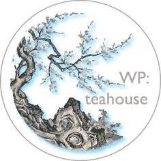 the logo for wp teahouse with a tree and mountain in the background on a circular white sticker