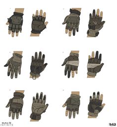 six pairs of gloves are shown in different positions and sizes, including one for the right hand