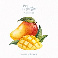 a watercolor painting of mango and pears