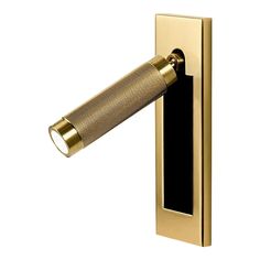 a gold door handle with a light on it's left side and a white background