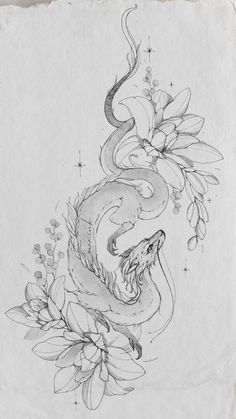 a drawing of a snake with flowers on it