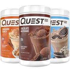 Quest Protein Powder 101: The most famous protein bar company has come out with a protein powder unlike any other. They call it a shake with, "shake consistency," and "a real shake taste." Whey Protein Isolate + Casein Incredibly Filling Easy to Mix Clean Ingredients Quest Chocolate Protein Powder Recipes, Protein Bar Quest, Truvani Protein Powder, Protein Powder Brands, Best Whey Protein Powder, Whey Protien, Best Freeze Dried Food, Cinnamon Crunch