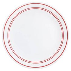 a white plate with red lines on the rim and bottom, against a white background