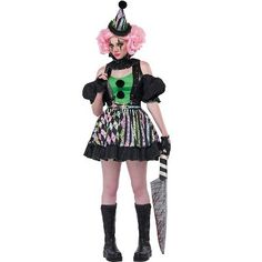 a woman dressed as a clown holding a knife and wearing a green dress with black stripes