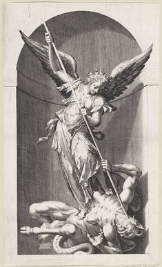 an angel with a spear standing on top of a demon