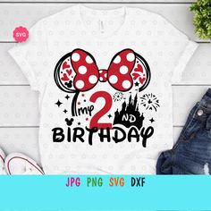 mickey mouse birthday shirt with the number two on it and minnie mouse ears in red