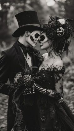 Undead Bride And Groom Costume, Halloween Couple Photoshoot With Dog, Goth Couple Halloween Costume Ideas, Adult Couples Halloween Costume Ideas, Halloween Bride And Groom Costume, Couples Photoshoot Dark Aesthetic, Sugar Skull Couple Costume, Masquerade Pictures, Halloween Wedding Photoshoot