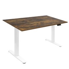 a wooden table with white legs and a brown top on a white base, against a white background