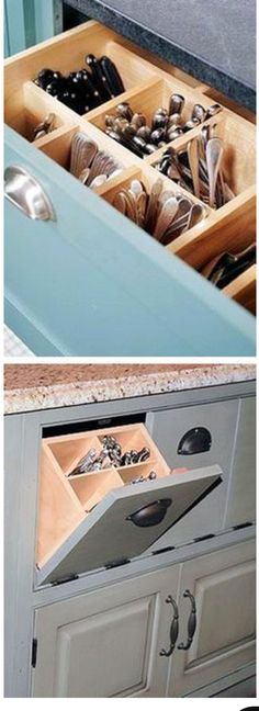 an open drawer is shown with spoons and other kitchen items in the bottom left corner