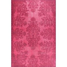 a pink rug with an ornate design on the front and back side, in shades of red