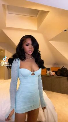 Blue Dress Outfit Ideas, Dress Outfits Black Women, Outfit Ideas Long Sleeve, Black Women Outfits, 18th Birthday Dress, Blue Dress Outfit, Sweet 16 Outfits, Birthday Dress 21st, Blue Dress Outfits