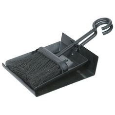 a black dustpan and broom on a white background