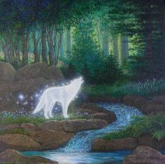 a painting of a white wolf standing in the woods next to a stream and trees