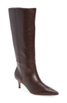 A pointy toe and slim heel sharpen the silhouette of a knee-high boot that makes casual and night-out ensembles more sleek. 2 1/2" heel (size 8.5) 15" shaft; 15 1/4" regular calf circumference 16 1/2" wide calf circumference Leather upper/synthetic lining/rubber sole Imported Wine Color Boots, Chocolate Brown Knee High Boots, Brown Kitten Heel Boots, Calf Height Boots Outfit, Boots For Big Calves, Petite Knee High Boots, Boots With Skirt, Boots Calf High, Slim Calf Boots