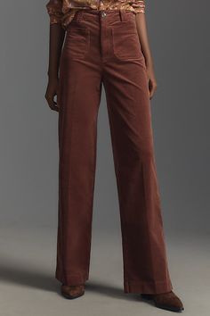 Cut from PAIGE's ultra-soft velvet corduroy (with just the right amount of stretch!), Sasha is a high-rise, wide-leg pant designed with perfectly placed patch pockets. | Sasha Corduroy High-Rise Wide-Leg Jeans by PAIGE in Brown, Women's, Size: 24, Cotton/Elastane/Modal at Anthropologie Velvet Wide Leg Pants For Work, Chic Corduroy Wide-leg Pants, Fall Velvet Wide Leg Pants, Brown Wide Leg Jeans, Thrift List, Anthropologie Clothing, High Rise Wide Leg Jeans, Pants Design, Pants Women