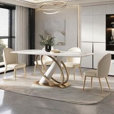 a modern dining room with white chairs and a round table in the middle of it