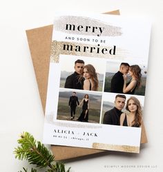 a merry and soon to be married card on top of a brown envelope next to a pine branch