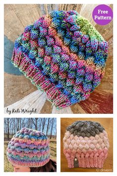 two hats with different designs on them and the text, free pattern by kate wrighte