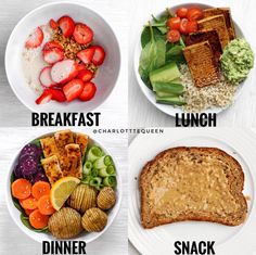 four different types of food are shown in this image with the words breakfast, lunch, dinner