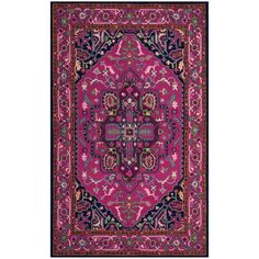 a pink rug with an intricate design on the front and back side, in various colors