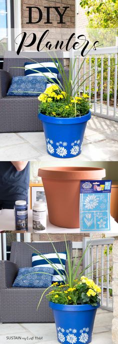 three different pictures showing how to make an outdoor planter with flowers in the pot