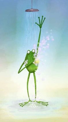 a frog is standing in the rain with its arms up and legs spread out, holding an umbrella above his head