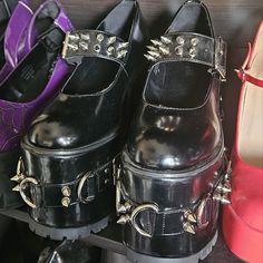 Heart To Break Platform Mary Janes Spikes And Buckles Design Deadstock I Believe Size 8 Missing One Spike In The Back Shoes Are Dusty From Sitting Around Few Stuffs But Great Condition Tall Platform Shoes, Spikes Aesthetic, Punk Heels, American Mary, Dream Accessories, Back Shoes, Goth Shoes, Alt Clothes, Emo Guys