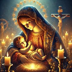 a painting of the virgin mary holding a baby in her lap with candles around it