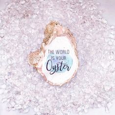 an oyster shell with the words the world is your oyster on it's side