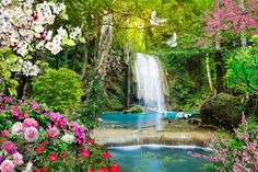 a waterfall surrounded by lush green trees and colorful flowers in the foreground, with birds flying over it