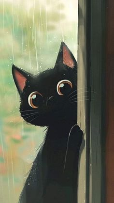 a black cat is looking out the window in the rain with its eyes wide open