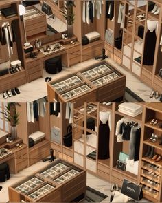 an aerial view of a closet with clothes and shoes