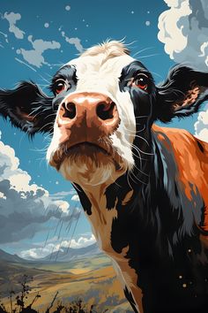 a painting of a cow looking at the camera with clouds in the sky behind it