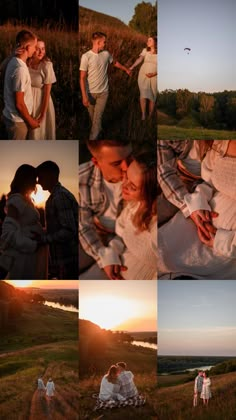 a collage of people standing in the grass at sunset, with one person holding his arm around the other's neck