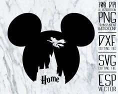 the silhouette of mickey mouse is shown in front of a white marble background with black lettering