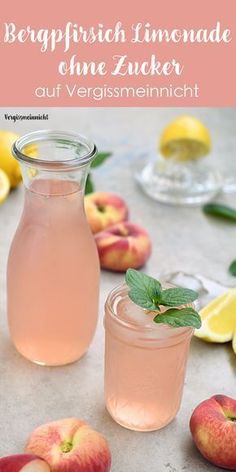 a pitcher of lemonade next to some sliced apples